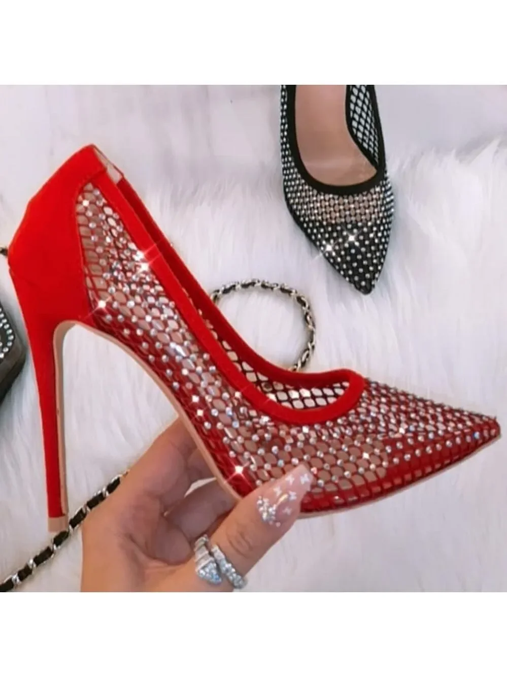 🍒last 7.5 🍓 Red  Sexy Fishnet pointed Heel